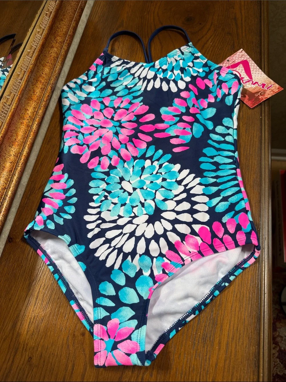 Kanu Surf Navy One-Piece Swimsuit with Pink & Turquoise Floral Print. Size 12.